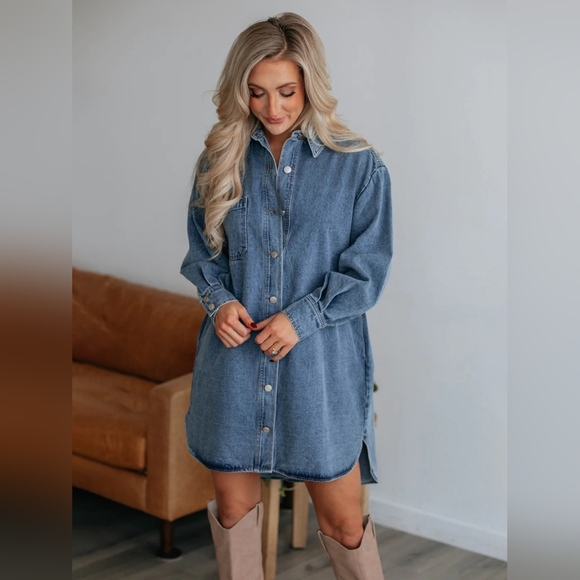 Oversized Denim Boyfriend Pocket Jean Collar Shirt Dress Long Sleeve High-low Mi - Picture 5 of 14